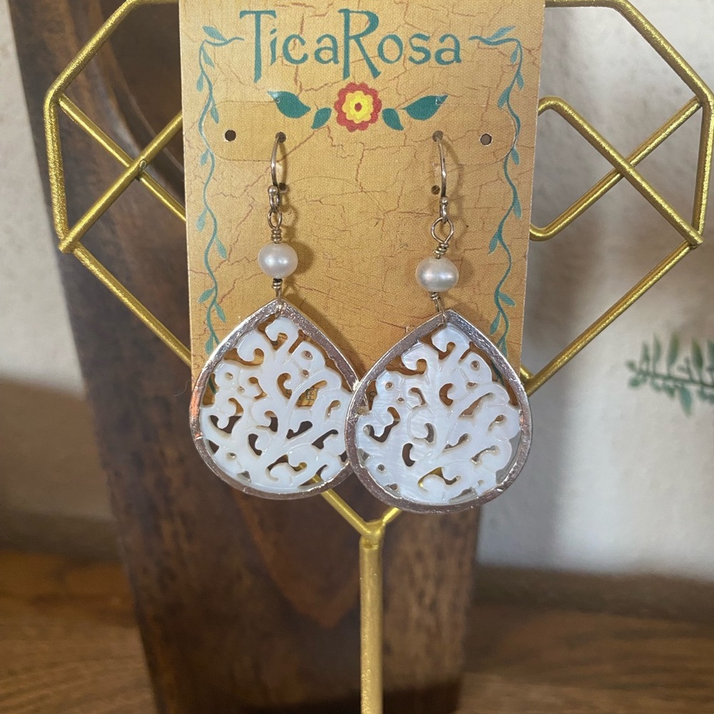 Brand New Sterling Silver Tica Rosa mother of pearl dangle earrings boho style
